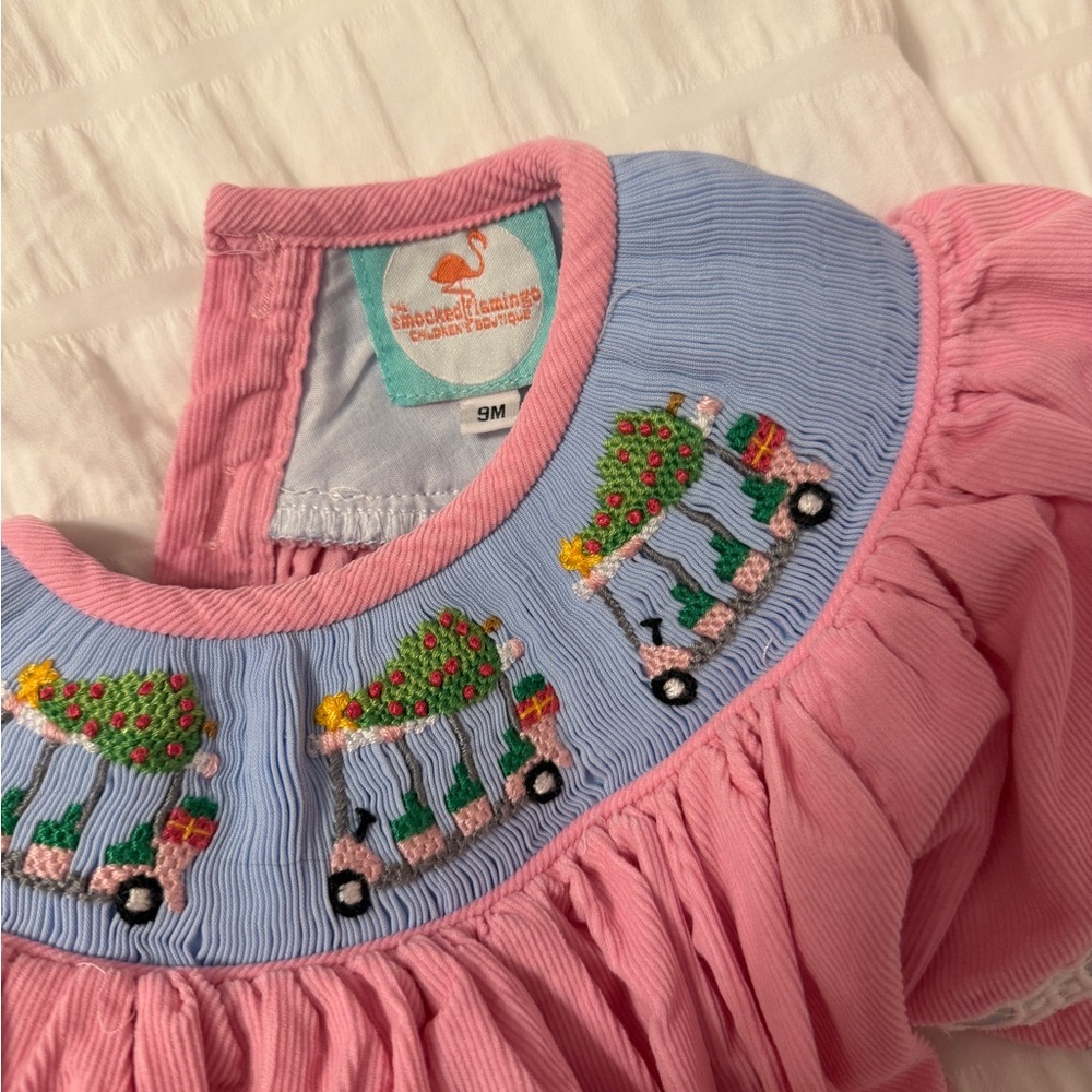Pink Baby Smock with Embroidered Golf Carts and Christmas Trees - Picture 3 of 3